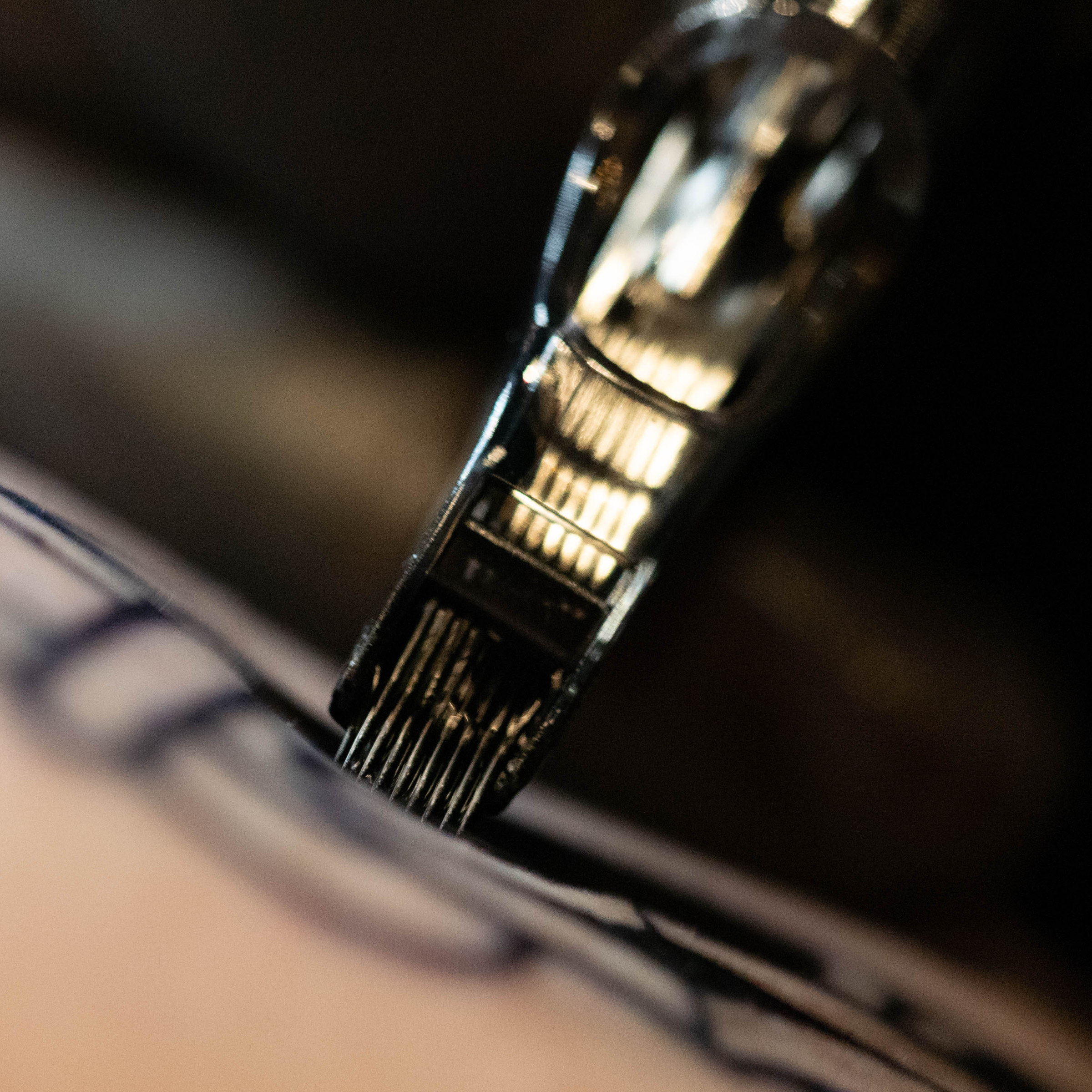 An extreme close-up view down the shaft of a multi-needle tattoo cartridge, emphasizing the parallel arrangement of the fine needles