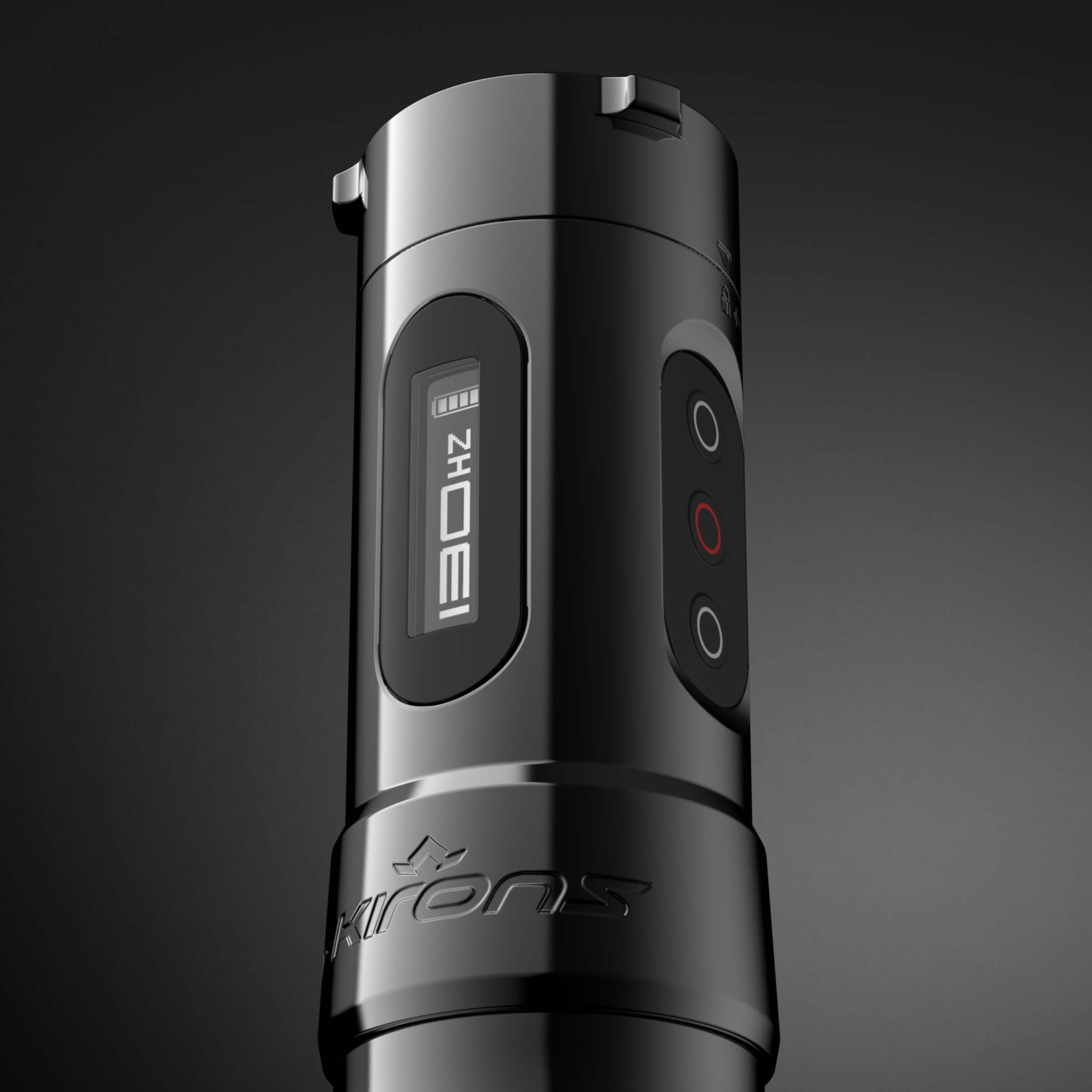 Close-up of FK Irons machine battery displaying 130 Hertz