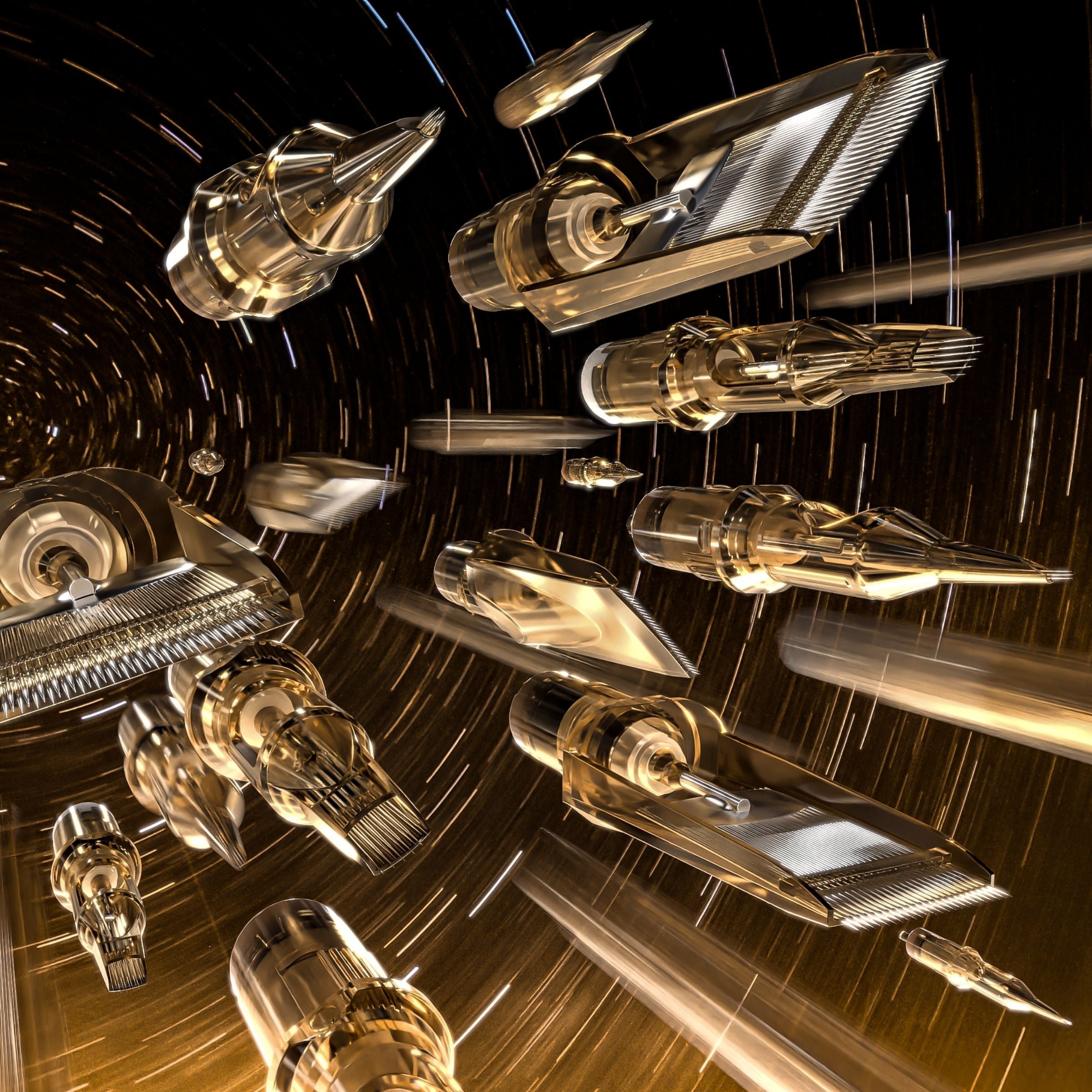 Stylized image of Kwadron needle cartridges soaring through the air