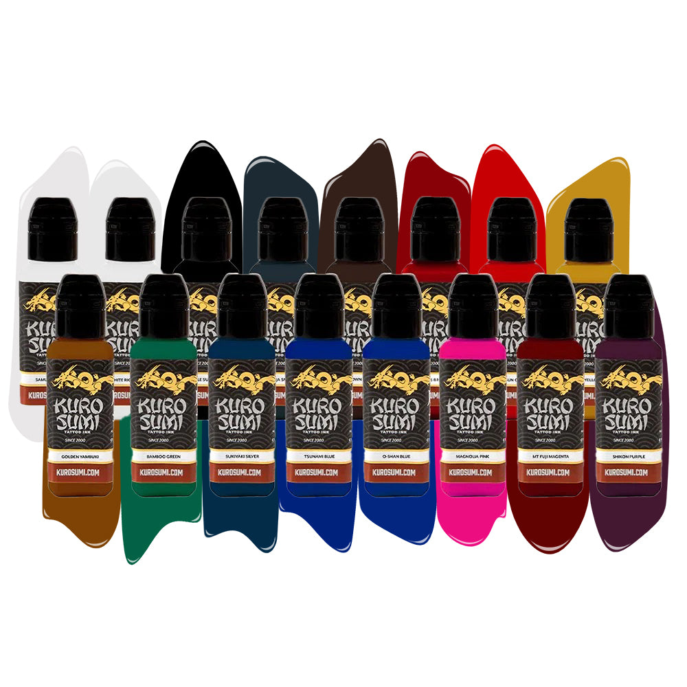 16 Color Primary Set #1 — Kuro Sumi Tattoo Ink — Pick Size - Ultimate Tattoo Supply
