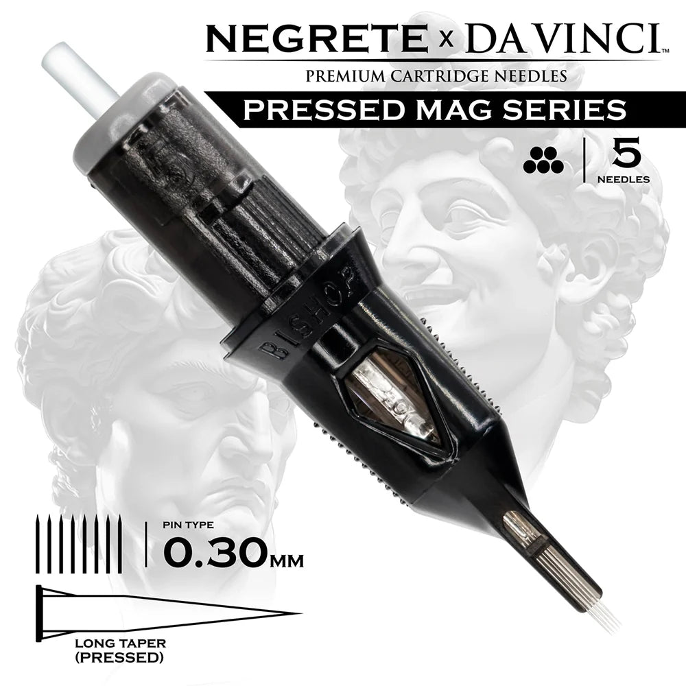 Bishop Da Vinci V2 Tattoo Cartridge Needles — Freddy Negrete Pressed Mag Series — Box of 20 Pressed Mag - 5 - #10 (0.3mm) - Long Taper