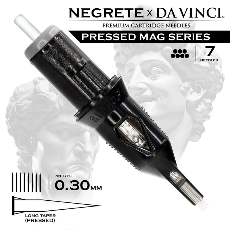 Bishop Da Vinci V2 Tattoo Cartridge Needles — Freddy Negrete Pressed Mag Series — Box of 20 Pressed Mag - 7 - #10 (0.3mm) - Long Taper