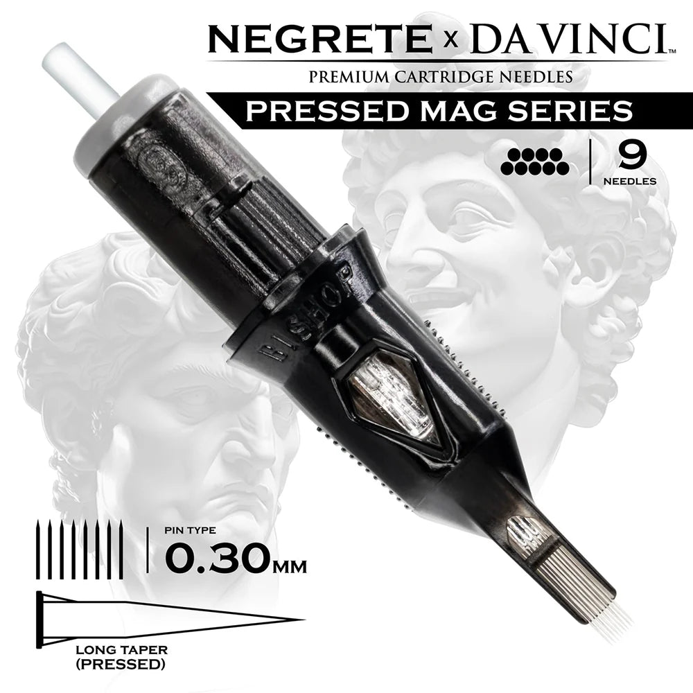 Bishop Da Vinci V2 Tattoo Cartridge Needles — Freddy Negrete Pressed Mag Series — Box of 20 Pressed Mag - 9 - #10 (0.3mm) - Long Taper