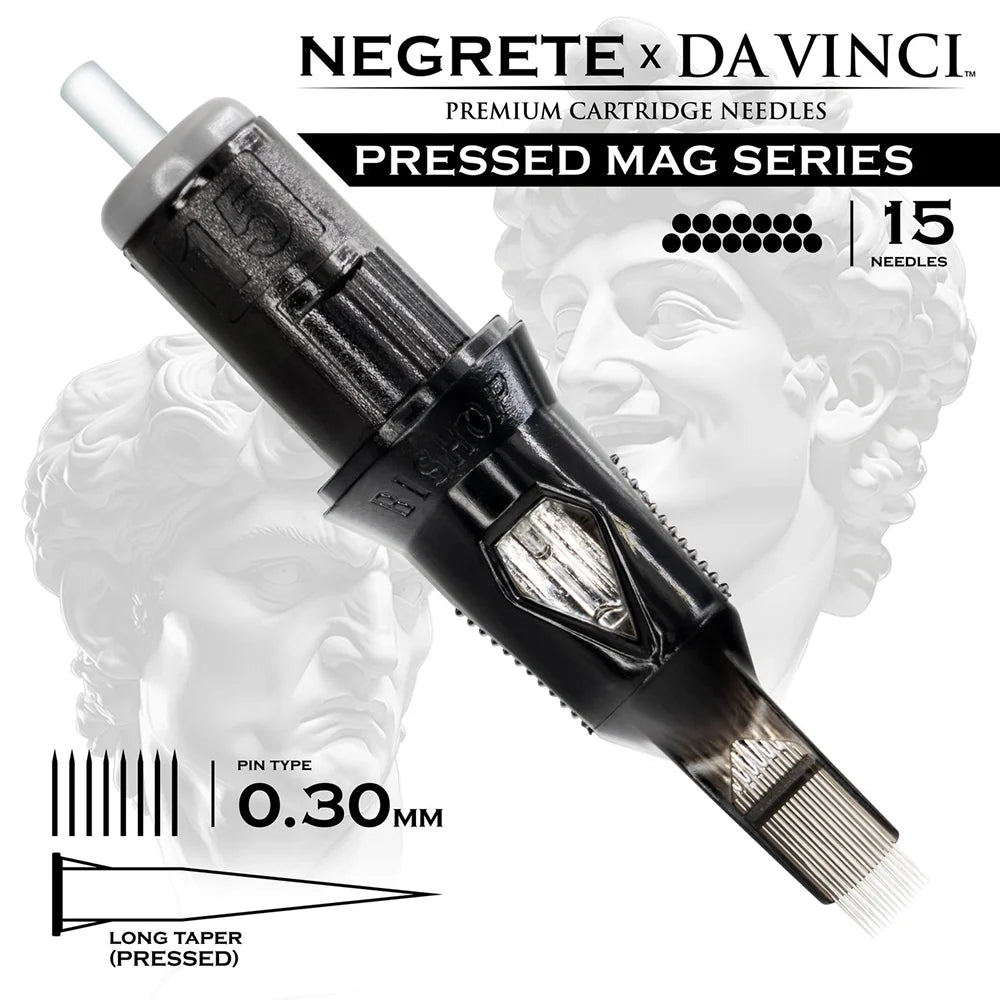 Bishop Da Vinci V2 Tattoo Cartridge Needles — Freddy Negrete Pressed Mag Series — Box of 20 Pressed Mag - 15 - #10 (0.3mm) - Long Taper