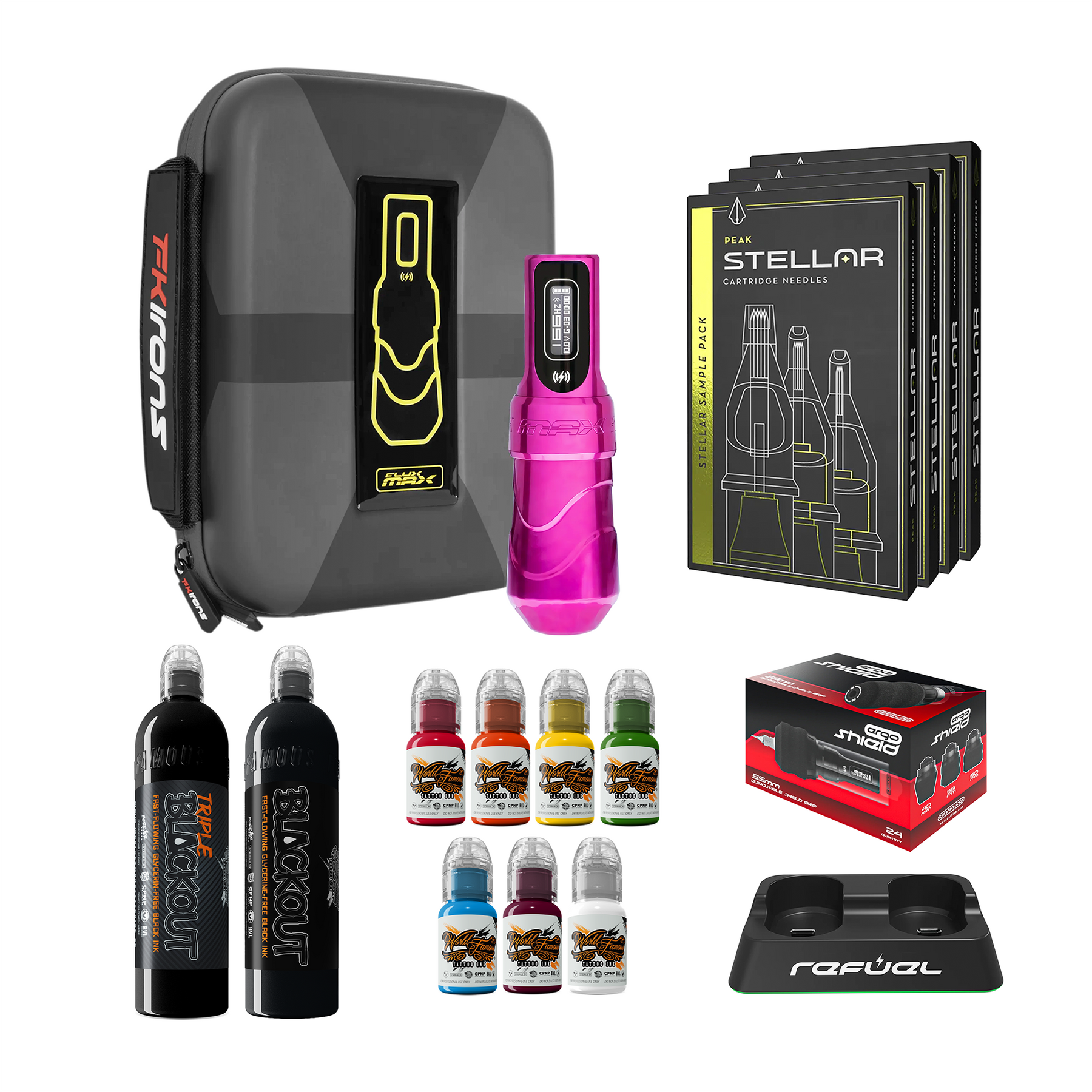 FK Irons Flux Max Bundle With 1 PowerBolt Battery – Pick Color and Stroke Length - Ultimate Tattoo Supply