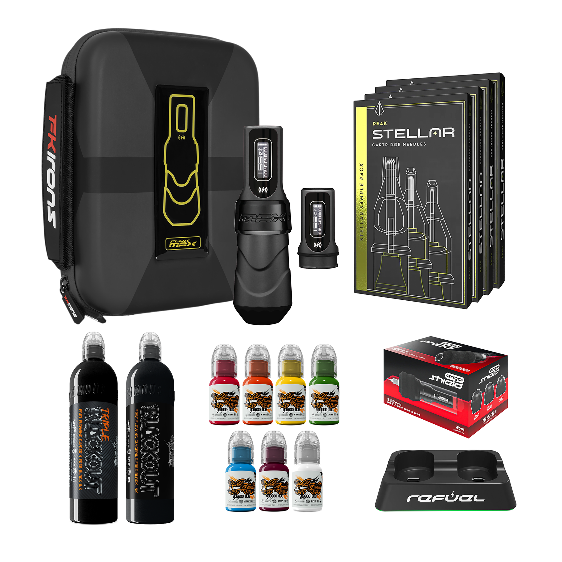 FK Irons Flux Max Pro Bundle With PowerBolt Batteries – Pick Color and Stroke Length - Ultimate Tattoo Supply