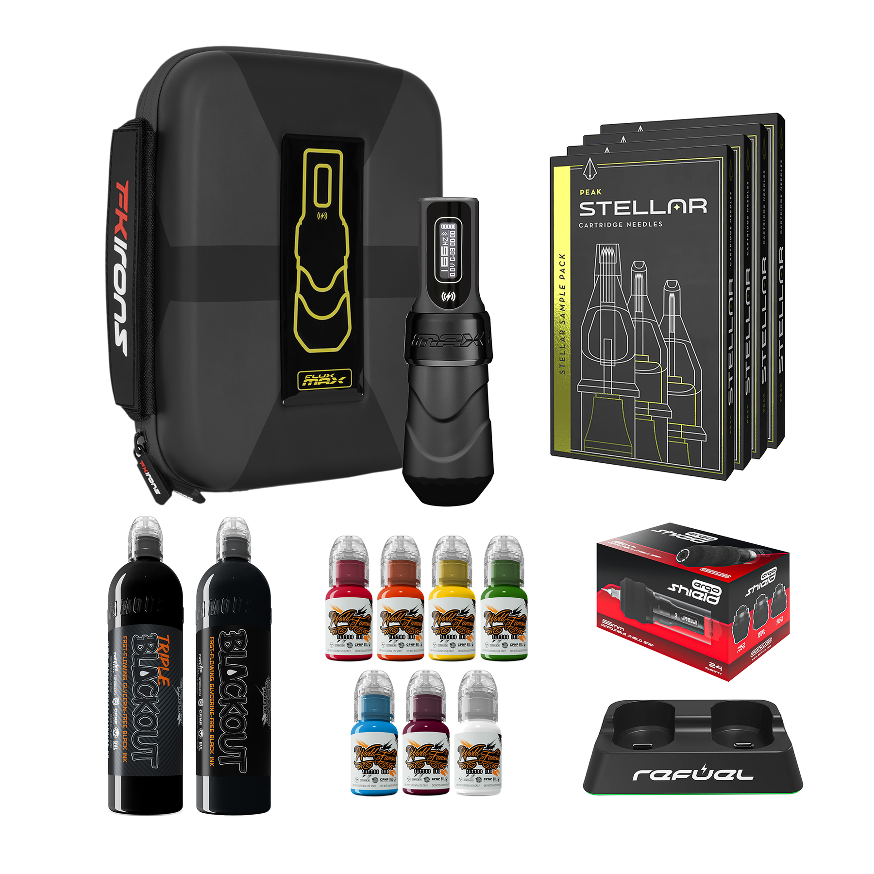 FK Irons Flux Max Bundle With 1 PowerBolt Battery – Pick Color and Stroke Length - Ultimate Tattoo Supply