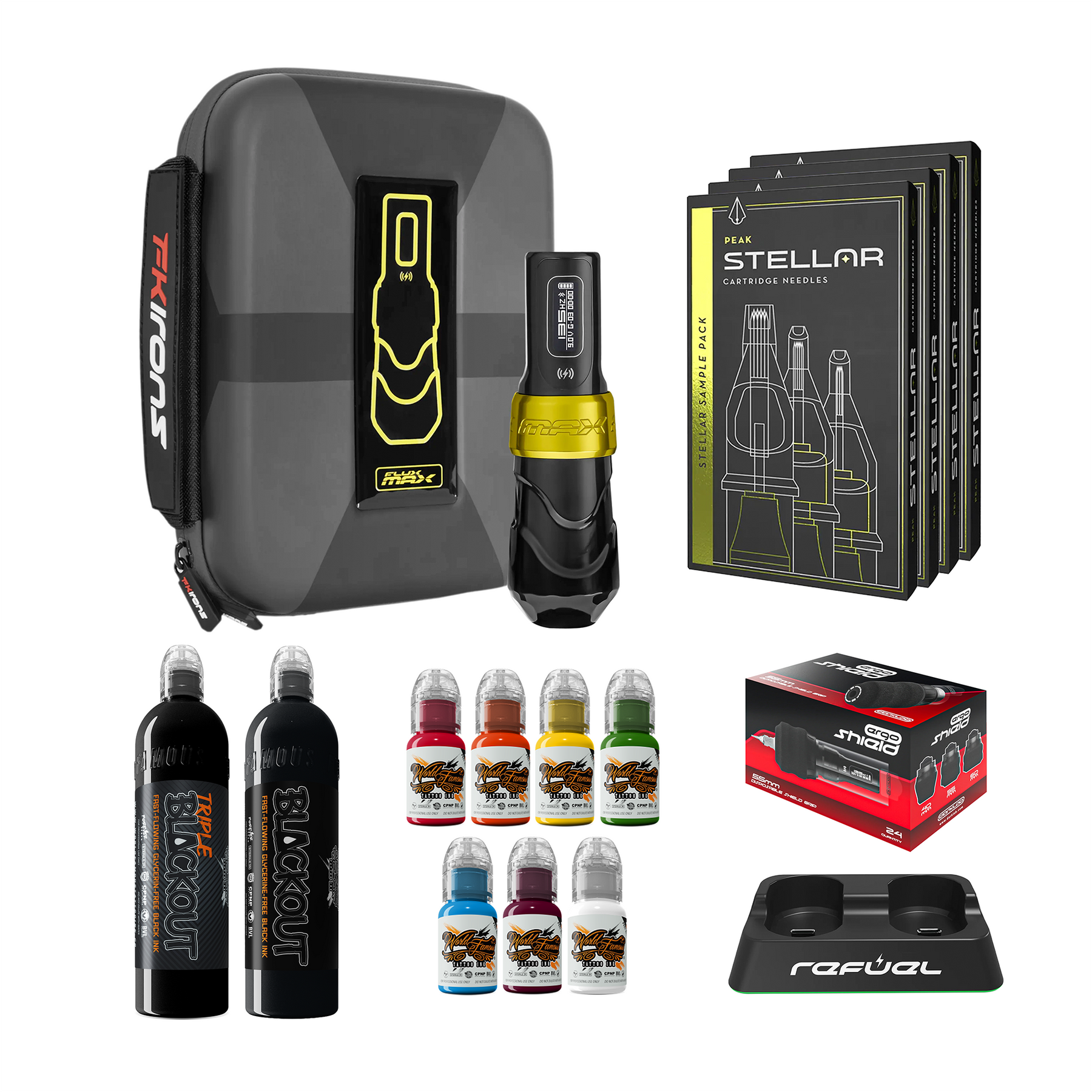 FK Irons Flux Max Bundle With 1 PowerBolt Battery – Pick Color and Stroke Length - Ultimate Tattoo Supply