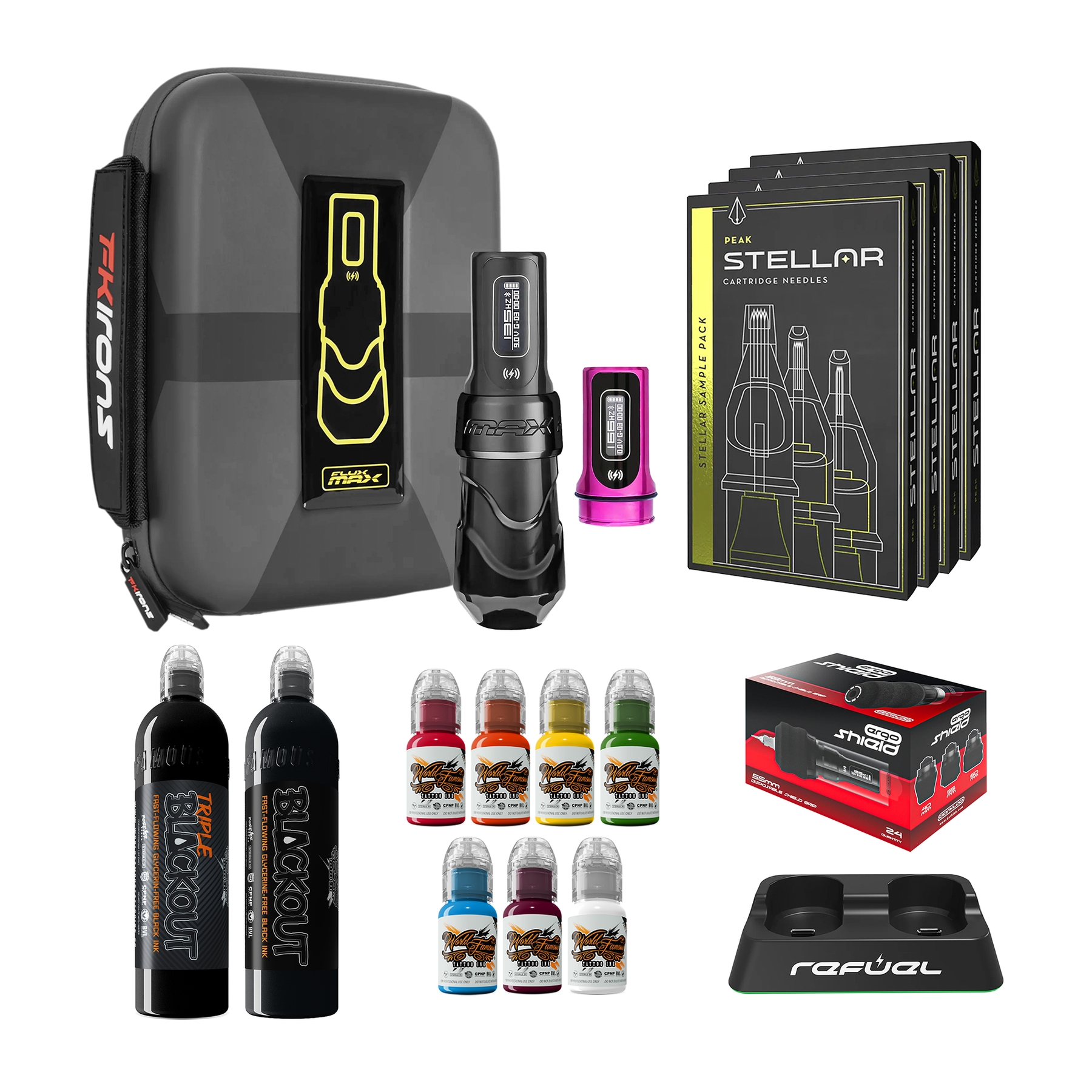 FK Irons Flux Max Pro Bundle With PowerBolt Batteries – Pick Color and Stroke Length - Ultimate Tattoo Supply