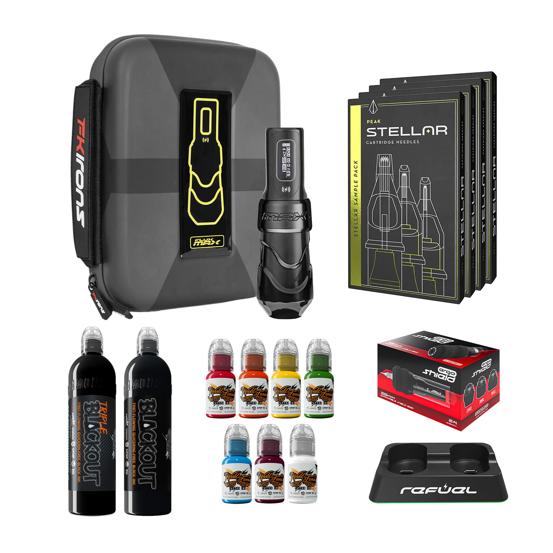 FK Irons Flux Max Bundle With 1 PowerBolt Battery – Pick Color and Stroke Length - Ultimate Tattoo Supply