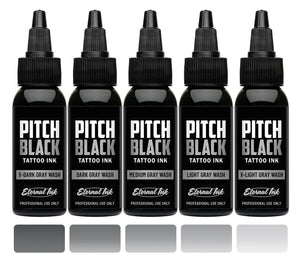 Pitch Black Gray Wash Set of 5 — Eternal Ink — Pick Size - Ultimate Tattoo Supply