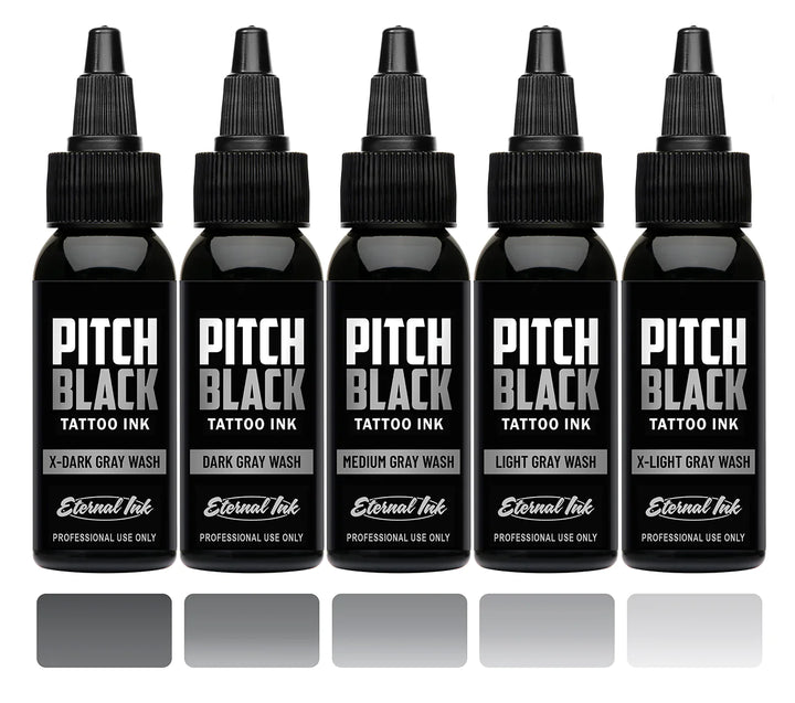 Pitch Black Gray Wash Set of 5 — Eternal Ink — Pick Size - Ultimate Tattoo Supply