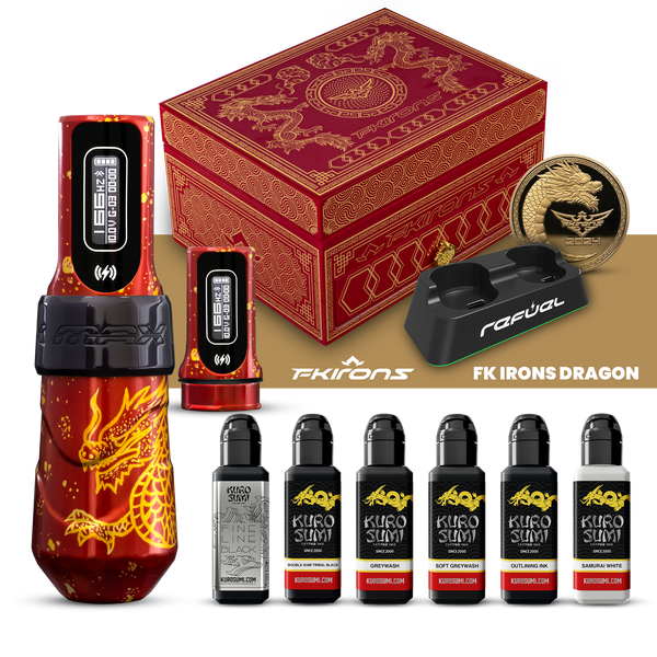 FK Irons Flux Max Tattoo Machine with 2 PowerBolt 2.0 — Special Edition FK Dragon — 4.0mm Stroke - Ultimate Tattoo Supply