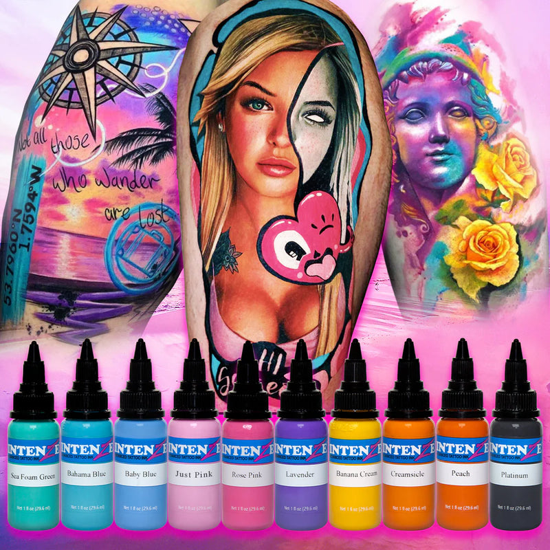 Pastel 1/2oz Color Set - Intenze Tattoo Ink - 10 Bottles - Ultimate Tattoo Supply