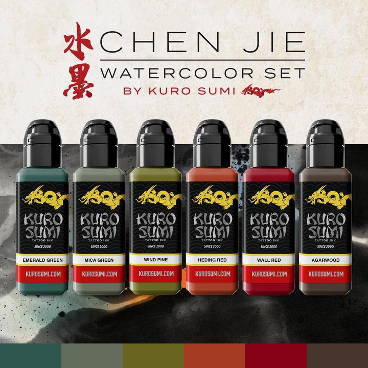 Chen Jie Watercolor Set — Kuro Sumi Tattoo Ink — 6 1.5oz Bottles - Ultimate Tattoo Supply