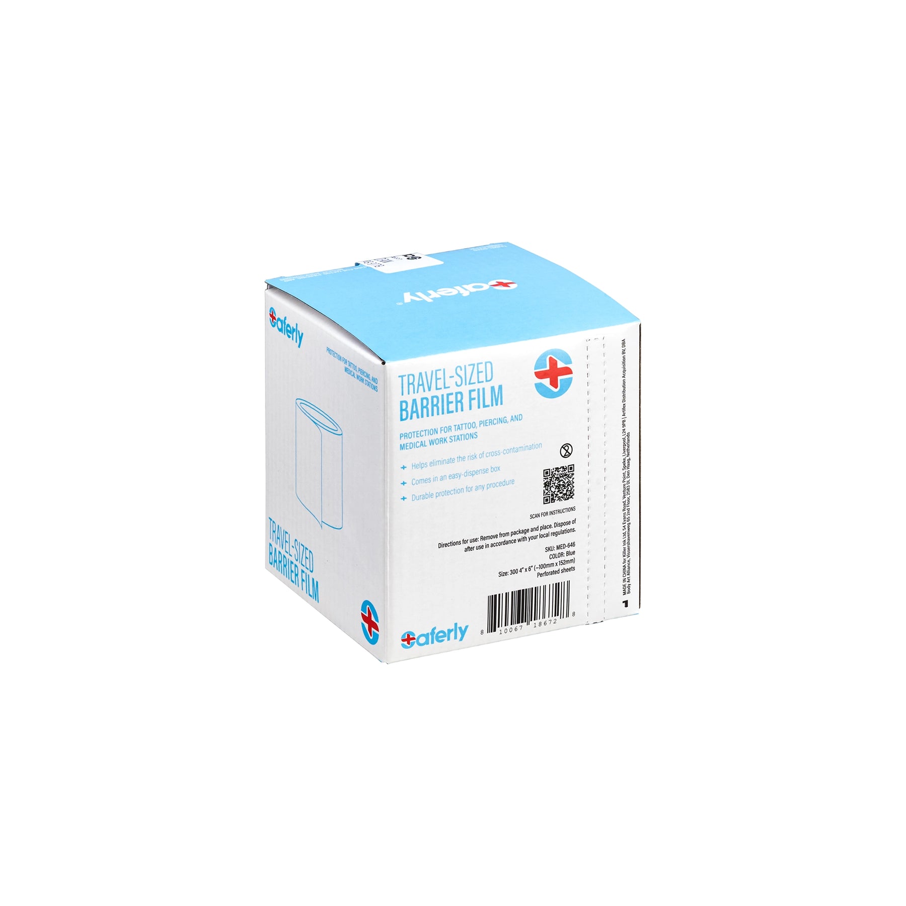 Saferly Blue Travel-Sized Barrier Film in Dispenser Box — 4” x 6” — Roll of 300 Sheets