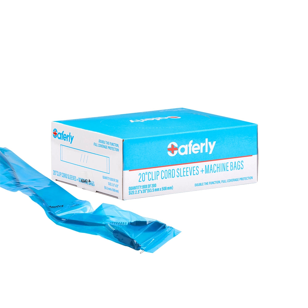 Saferly 20" Clip Cord Sleeves + Machine Bags — Blue — Box of 200
