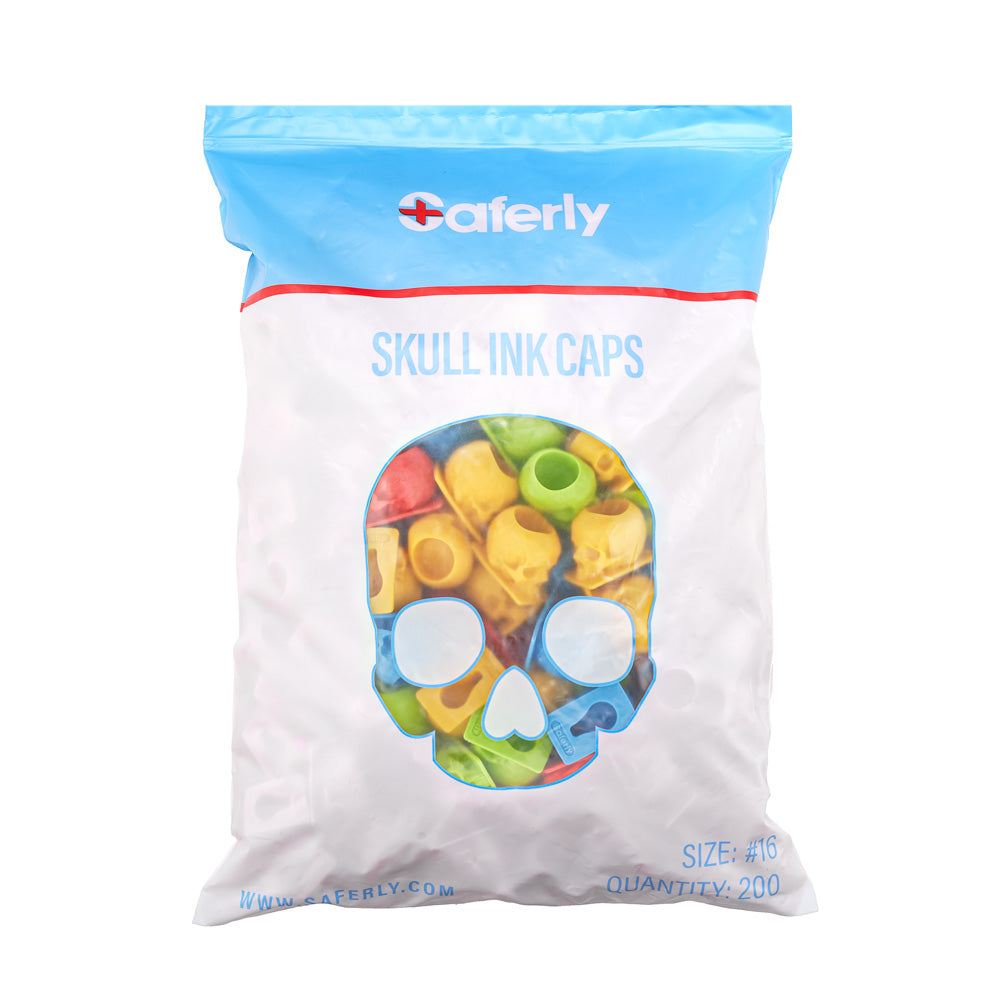 Saferly Skull Silicone Ink Caps —Size #16 (Large) — Bag of 200 — Pick Color - Ultimate Tattoo Supply