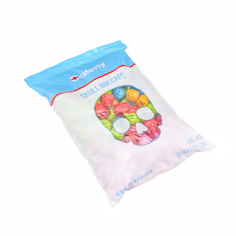 Saferly Skull Silicone Ink Caps —Size #16 (Large) — Bag of 200 — Pick Color - Ultimate Tattoo Supply