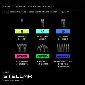 Peak Stellar Needle Cartridges — Curved Magnums (Extra Long Taper) — Box of 20 - Ultimate Tattoo Supply