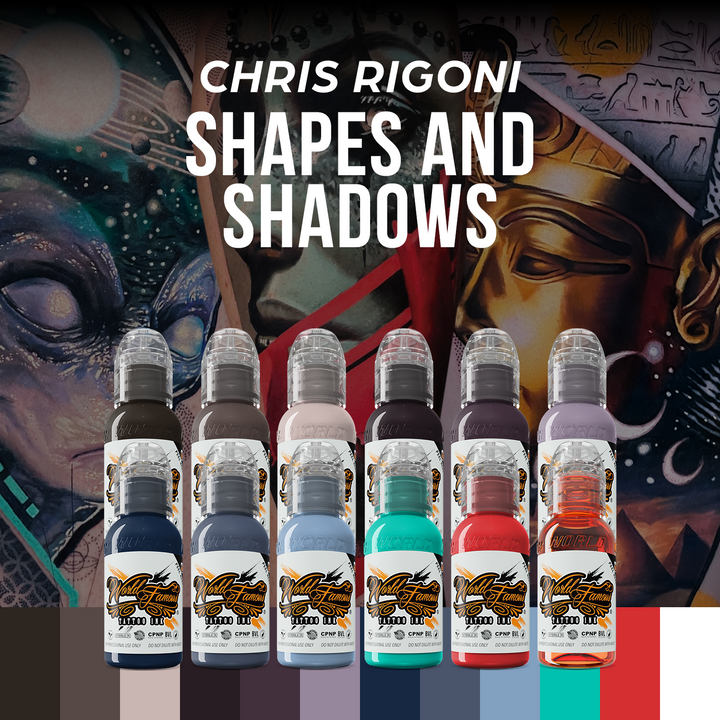 Chris Rigoni Shadows & Shapes 12 Bottle Tattoo Ink Set — World Famous Tattoo Ink — 1oz - Ultimate Tattoo Supply