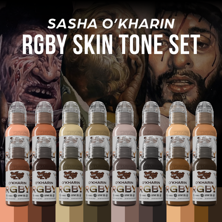 Sasha O’Kharin RGBY Skin Tone Set of 16 Colors — World Famous — 1oz - Ultimate Tattoo Supply