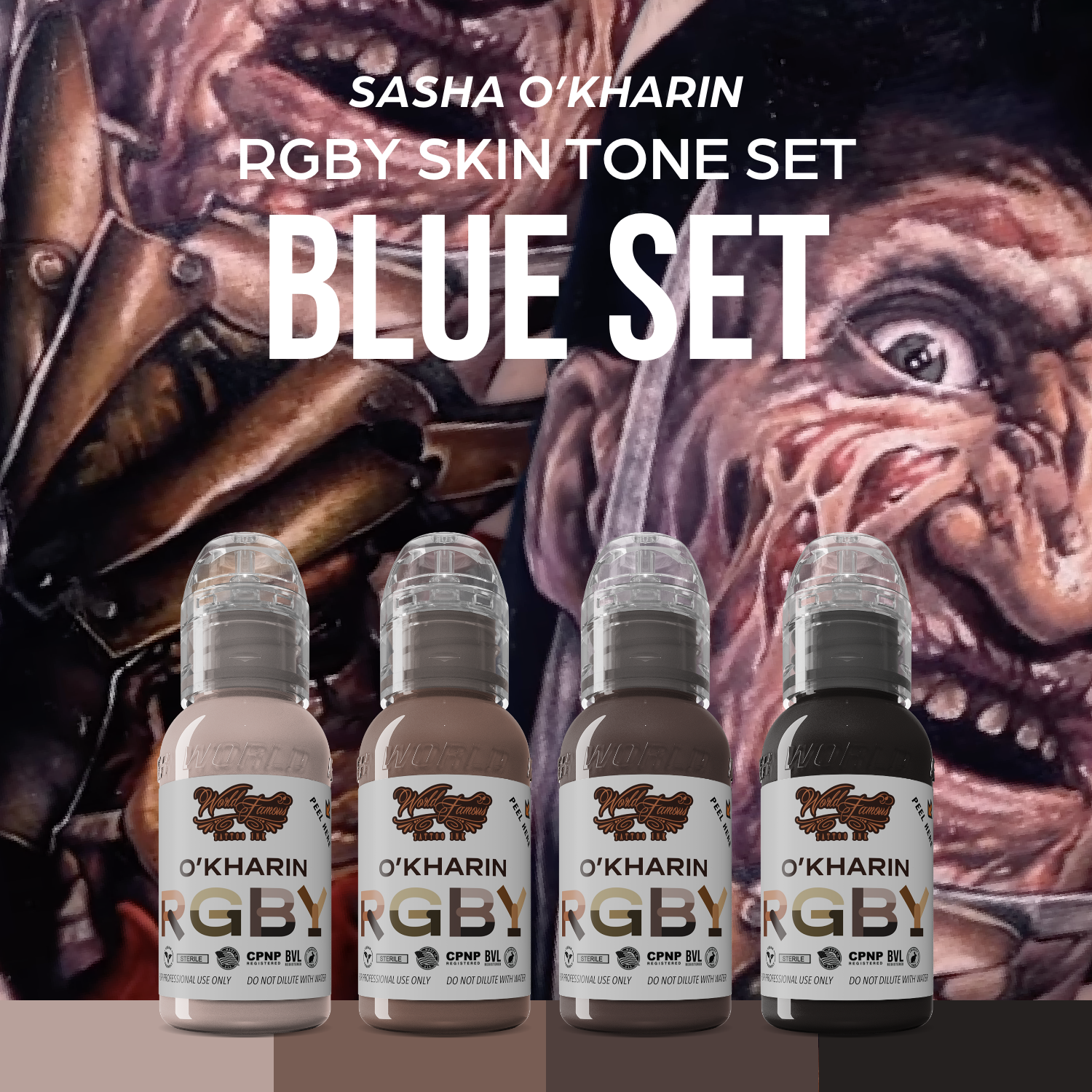 Sasha O’Kharin RGBY Skin Tone Blue Mini Set of 4 Colors — World Famous — 1oz - Ultimate Tattoo Supply