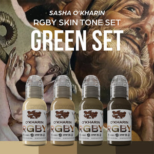 Sasha O’Kharin RGBY Skin Tone Green Mini Set of 4 Colors — World Famous — 1oz - Ultimate Tattoo Supply