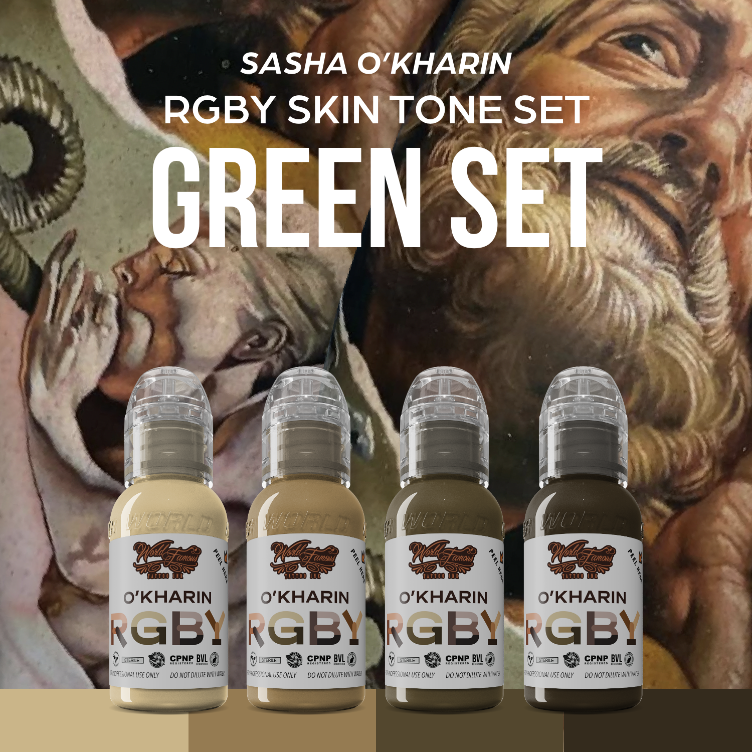 Sasha O’Kharin RGBY Skin Tone Green Mini Set of 4 Colors — World Famous — 1oz - Ultimate Tattoo Supply