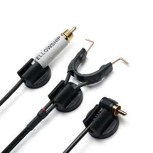 Examples of Magnetic Clip Cord/RCA Holder with straight RCA cord, clip cord, and right angle RCA cord on white background