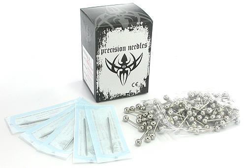 100 Sterile Needles and 100 Straight Barbells - Piercing Kit - Painful Pleasures