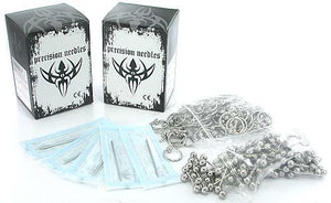 200 Sterile Needles, 100 Straight Barbells, and 100 Captive Bead Rings - Piercing Kit - Painful Pleasures