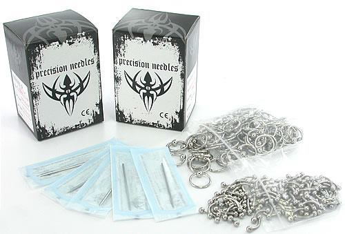 200 Sterile Needles, 100 Bent Barbells, & 100 Captive Bead Rings - Piercing Kit - Painful Pleasures