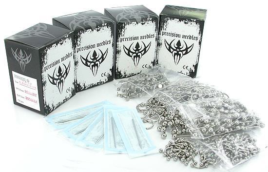 400 Sterile Needles, 100 Bent Barbells, 100 Captive Bead Rings, 100 Straight Barbells, & 100 Labrets - Ultimate Piercing Kit - Painful Pleasures