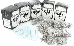 500 Sterile Needles, 100 Bent Barbells, 100 Captive Bead Rings, 100 Straight Barbells, 100 Labrets, and 100 Circular Barbells - Ultimate Piercing Kit - Painful Pleasures