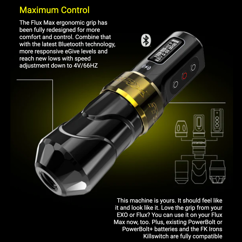 FK Irons Flux Max Tattoo Machine with 2 PowerBolt 2.0 — Pick Color and Stroke Length - Ultimate Tattoo Supply