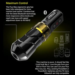 FK Irons Flux Max Tattoo Machine with 2 PowerBolt 2.0 — Pick Color and Stroke Length - Ultimate Tattoo Supply
