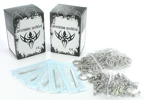 200 Sterile Needles, 100 Captive Bead Rings, and 100 Labrets - Piercing Kit - Painful Pleasures