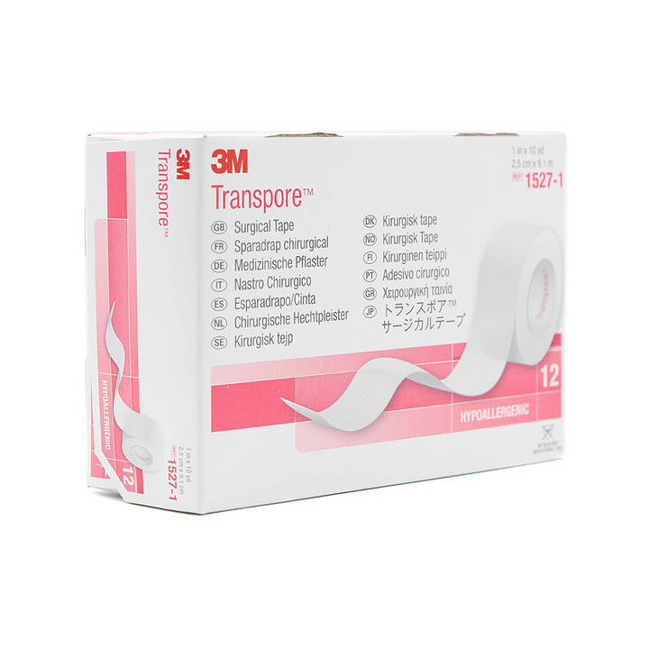 White Transpore box with unravelling surgical tape depicted on the front on a white and pink background.