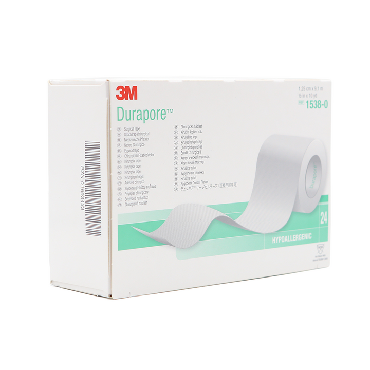 White Durapore box with unravelling surgical tape depicted on the front on a white and light green background.