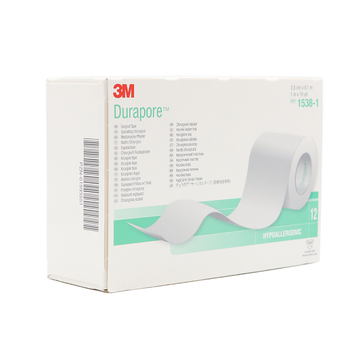 White Durapore box with unravelling surgical tape depicted on the front on a white and light green background.