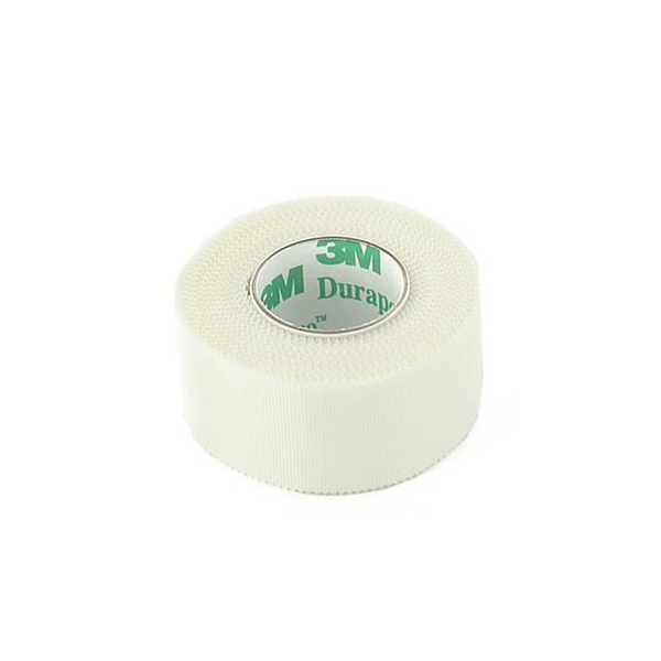 A roll of white Durapore surgical tape on a white background.