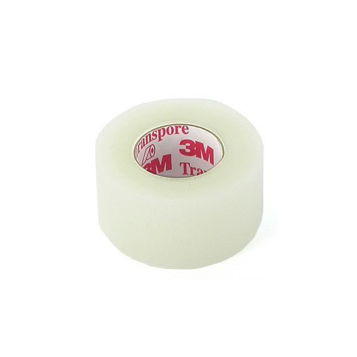 A roll of white Transpore surgical tape on a white background.