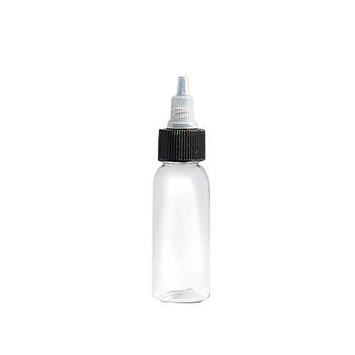 Clear plastic empty tattoo ink bottle with a black twist-off cap on a white background.