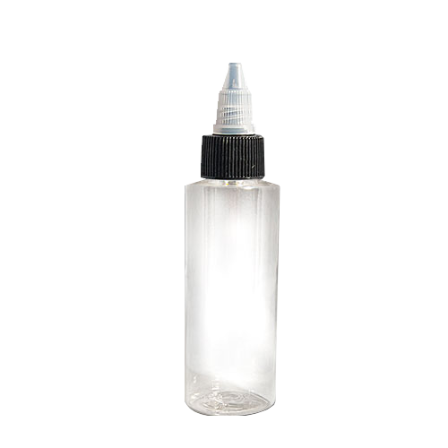 Clear plastic empty tattoo ink bottle with a black twist-off cap on a white background.
