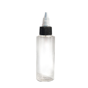 Clear plastic empty tattoo ink bottle with a black twist-off cap on a white background.