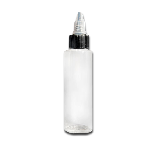 Clear plastic empty tattoo ink bottle with a black twist-off cap on a white background.