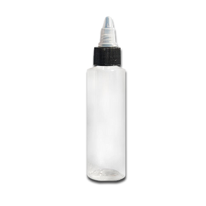 Clear plastic empty tattoo ink bottle with a black twist-off cap on a white background.