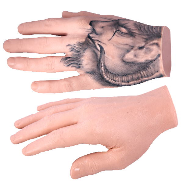 Two light-toned tattooable hands on a white background. The left hand (upper screen) has a demon face tattooed on it, and the right hand (lower screen) does not have any tattoos.