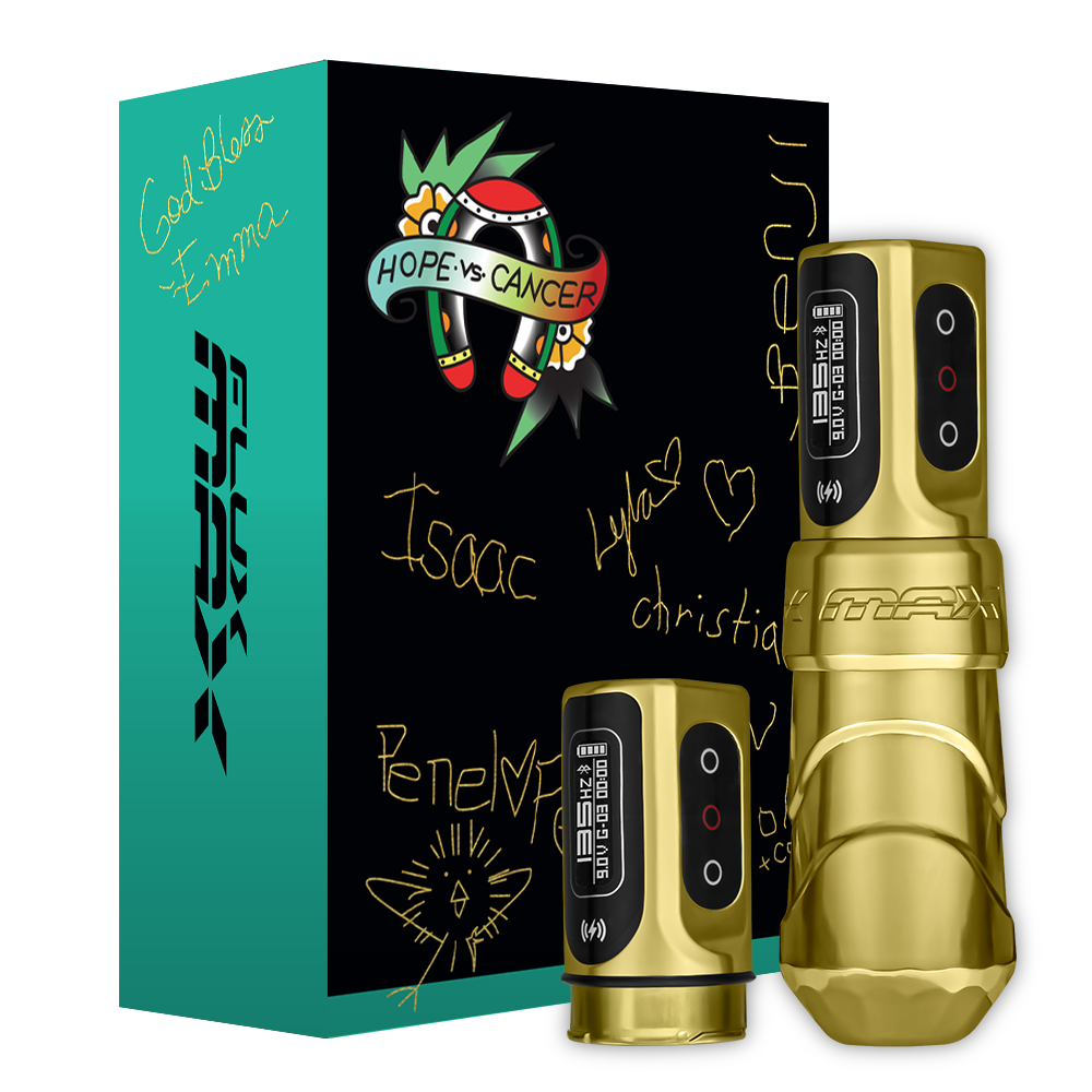 FK Irons Flux Max Tattoo Machine with 2 PowerBolt 2.0 — 4.5mm Hope Versus Cancer Gold